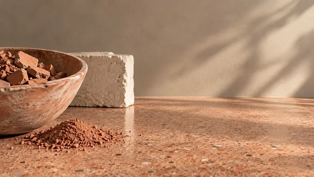 Superficie in cocciopesto con frammenti di terracotta, polvere di cotto e texture dalle tonalità naturali