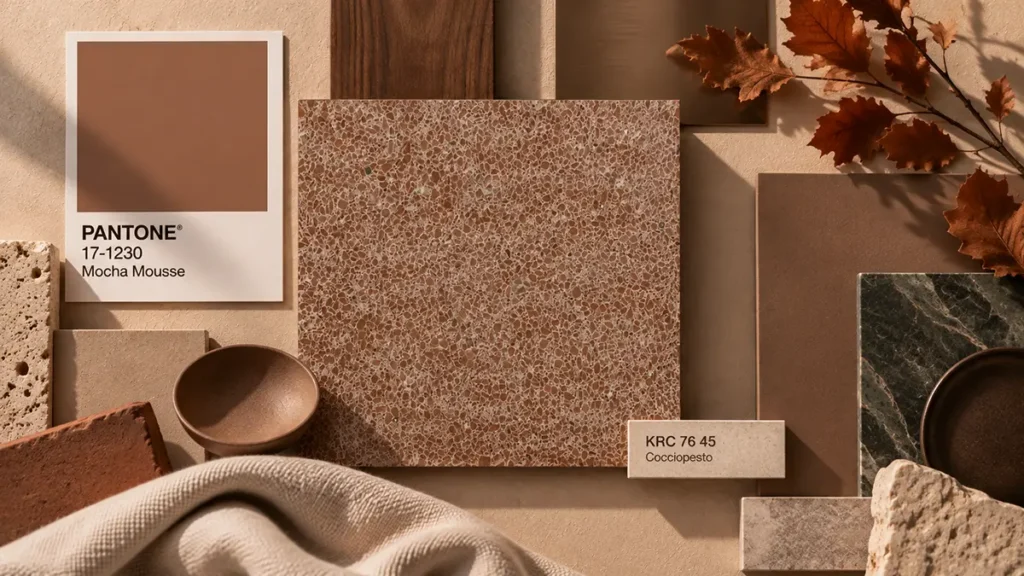 Moodboard di materiali e texture in cocciopesto nelle tonalità Mocha Mousse